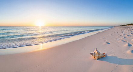 Serene beach sunrise with gentle waves and a seashell on white sand