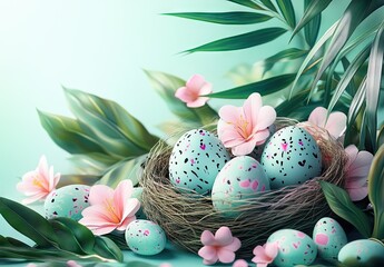3d Easter eggs in nest, pastel flowers and leaves, easter background, easter decorations