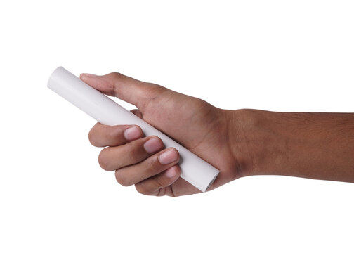 Hand holding a white relay baton, isolated on a .
