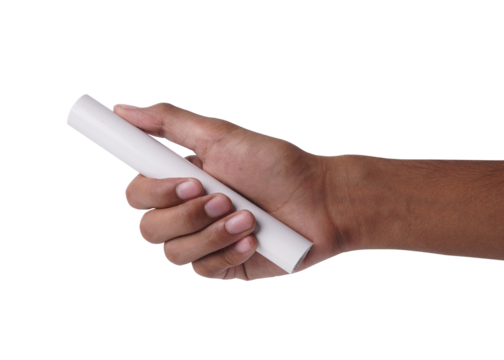Hand holding a white relay baton, isolated on a .