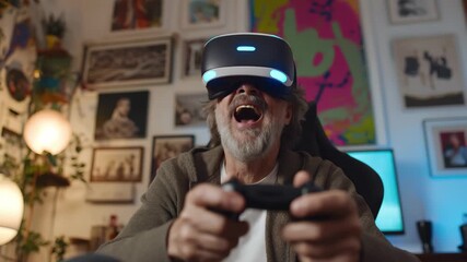 Excited senior man immerses himself in vibrant virtual reality gaming experience, 4k high quality footage - Powered by Adobe