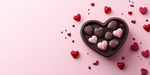 3D heart-shaped chocolate box with candy and red hearts on a pink background