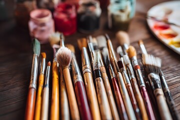 Collection of paintbrushes arranged on a wooden surface in art studio