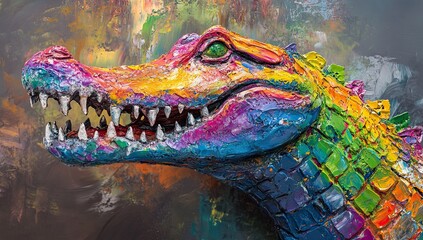 3D painting of a rainbow crocodile, with vivid colors and textured brush strokes