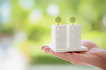 A hand holds a miniature model of two buildings with green spherical trees, set against a blurred outdoor background.