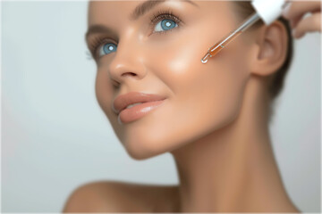 A woman applies a serum to her cheek, showcasing glowing skin and emphasizing beauty and skincare.
