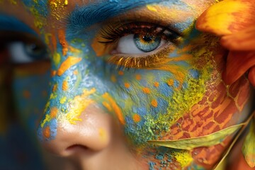 Close-up of a woman's face with colorful body paint and a blue eye