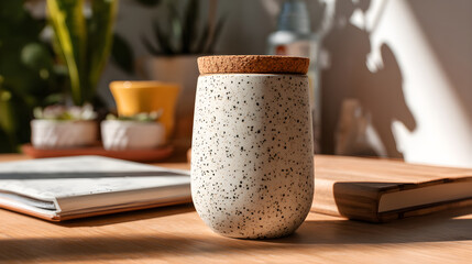 Speckled ceramic tumbler with cork lid on warm wooden desk