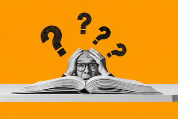 A stressed individual contemplates an open book, surrounded by floating question marks, symbolizing confusion and the quest for knowledge.