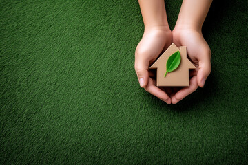 Hands hold a small cardboard house adorned with a leaf, symbolizing sustainability and eco-friendliness against a green grass background.