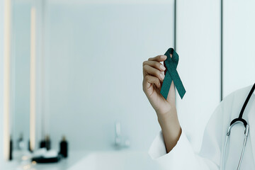 A healthcare professional holds a green ribbon, symbolizing awareness, in a modern, minimalistic medical environment.