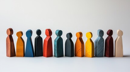 Colorful wooden figures arranged in a line representing diverse characters in a minimalist setting