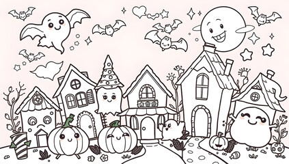 Super kawaii Halloween village coloring page for kids, black-and-white line art