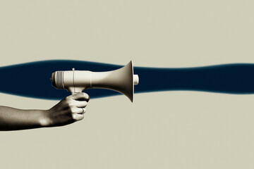 A hand holds a megaphone, symbolizing communication, activism, and the spread of messages against a minimalistic background.