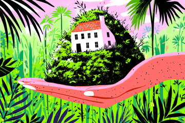 A vibrant illustration depicting a house nestled in greenery, held in a hand, symbolizing environmental care and sustainability.