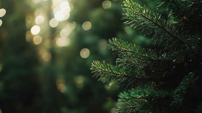 Lush green evergreen branches sparkle in sunlight with a soft blurred background during a peaceful forest moment - Powered by Adobe