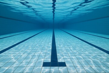Underwater view of empty swimming pool with clear blue tiles and lane markings in calm water, showing clean aquatic environment background concept. Ai generative
