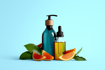 A vibrant display of skincare products surrounded by fresh orange slices on a light blue background.