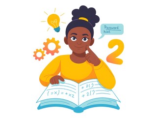 Young black girl studying math with lightbulb and gears illustration