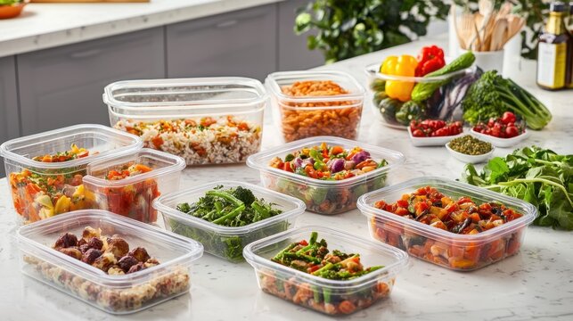 Healthy meal prep with colorful vegetables and grains arranged in clear containers on a kitchen countertop