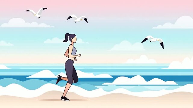 Young Woman Enjoying a Morning Run on the Beach Animation.