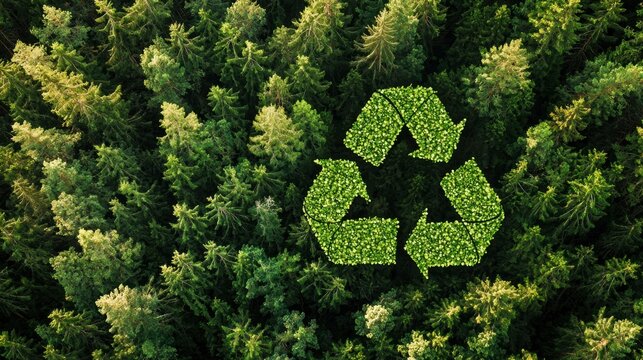 Eco-friendly recycling symbol formed by green foliage in a dense forest, showcasing nature's beauty and sustainability efforts to promote environmental awareness - Powered by Adobe