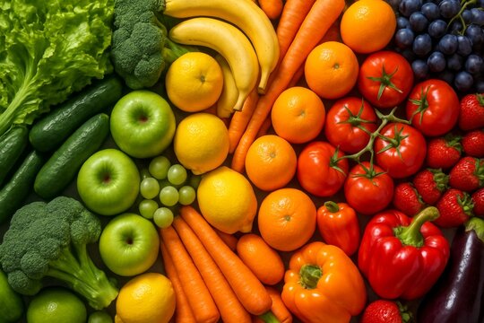 Assorted colorful fruits and vegetables arranged in rainbow pattern on dark background, promoting healthy eating concept and food diversity awareness. Ai generative