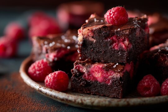 Close-up of rich chocolate brownies infused with fresh raspberries, perfect for dessert lovers seeking a unique gourmet treat.