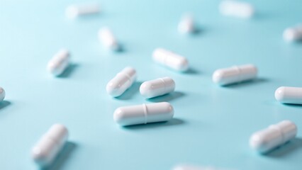 White Capsules Scattered on Blue Background