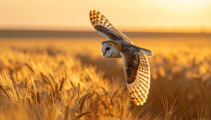 Barn owl flying over golden wheat field