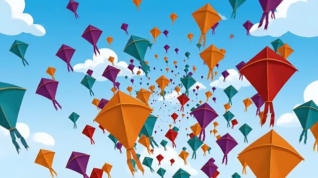 Pixelated Colorful Kites Flying Against Blue Sky and White Clouds