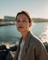 Young woman in a plaid coat gazing thoughtfully by the ocean during sunset, capturing a serene and contemplative moment.