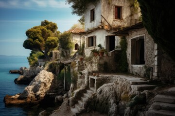 Stone houses built into a rocky cliff overlooking the clear blue sea under a summer sky