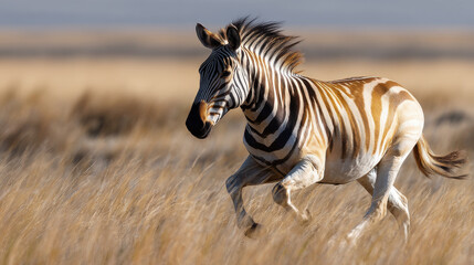 Obraz premium Revival of extinct species inspires hope for biodiversity as this zebra gallops gracefully through golden grasslands under bright sky