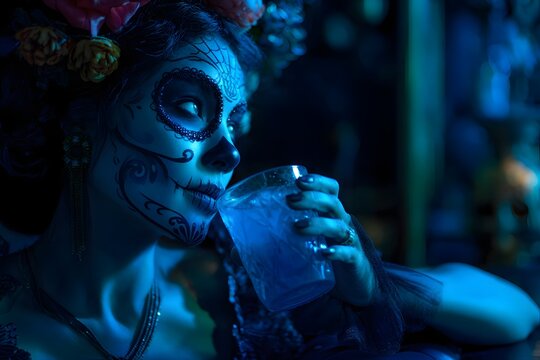 Woman with sugar skull makeup drinks from a glass in a dimly lit setting