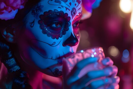 Woman with sugar skull makeup and flowers holding a decorative object in neon lighting - Powered by Adobe