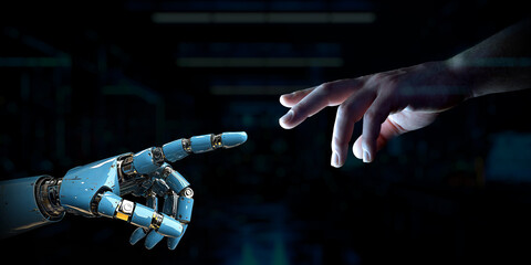 Robot finger about to touch human finger on dark background. Man hand going closer to cyborg hand. Generative ai robot hand