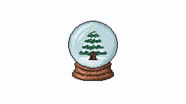 Pixel art of a snow globe with green Christmas tree, flashing Christmas tree lights and falling snow. perfect for seasonal designs, wallpaper, lofi background, Christmas cards, and winter themes.