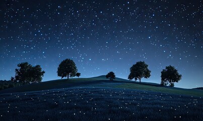 3D rendering of stars in the sky over an open field with trees on a hilltop