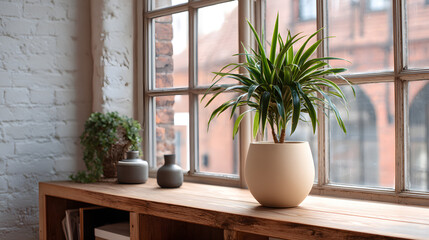Indoor palm plant in beige planter beside wooden window table