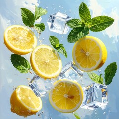 Erfrischendes Bild von Zitronenscheiben, frischer Minze und Eiswürfeln 