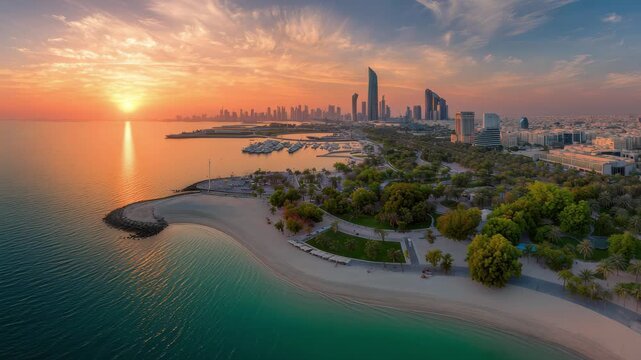 Stunning aerial view of Kuwait City skyline at sunrise with vibrant ocean waves, 4k high quality footage