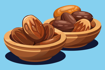 “Fresh Dates in Wooden Bowls Sweet Dried Fruit Food Vector Illustration”