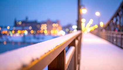 Snow-covered bridge with city lights at dusk