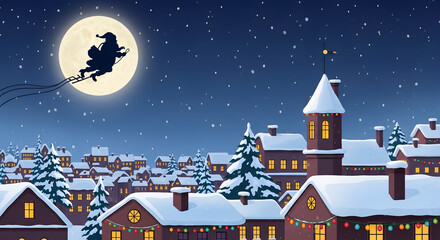 The Celestial Arrival: Silhouette against the luminous moon, a festive figure glides gracefully above a snow-covered town, bringing the spirit of the season.