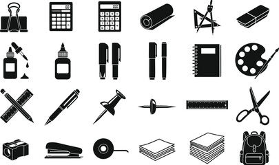 Modern office and school supplies, comprehensive vector icon set