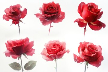 6 red roses in different styles, against a white background