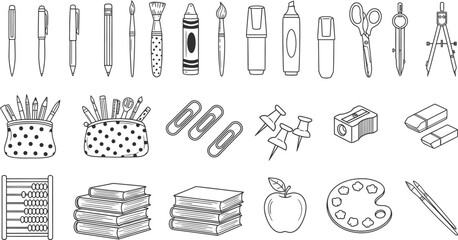 School and office supplies line art icon set for education and design