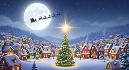 Christmas Night: A picturesque village basks in the enchanting glow of a Christmas night, with a brightly lit Christmas tree at its heart and Santa's sleigh soaring gracefully across the moonlit sky.