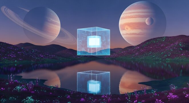 Futuristic holographic cube floating over a lake on an alien planet with large moons. Quantum computing and extraterrestrial science. Digital object reflecting in water with mountains and space.